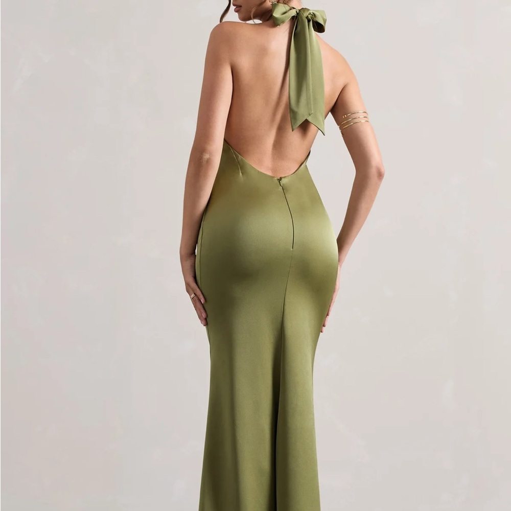 Olive Satin Halter Gown - Picture 2 of 5